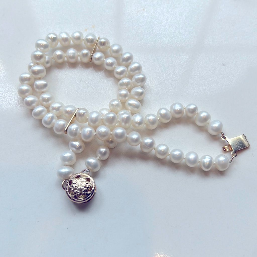 14k Solid Gold Two Row Pearl Bracelet